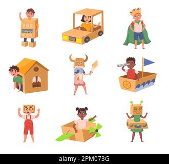 Kinder mit Kostümen aus Pappkartons Vektorbildungs-Set Stock Vektor