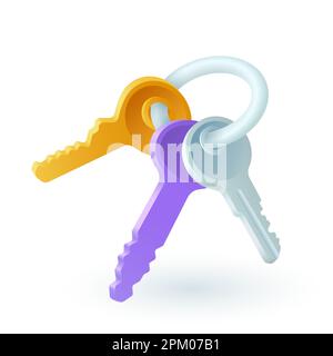 3D Zeichentrickfigur mit Schlüsselsymbolen auf weißem Hintergrund Stock Vektor