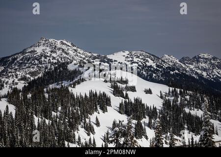 WA23299-00...WASHNGTON - schneebedeckter Sunrise Ridge, Mount Angeles und Klahhane Ridge vom Hurricane Ridge im Olympic National Park. Stockfoto