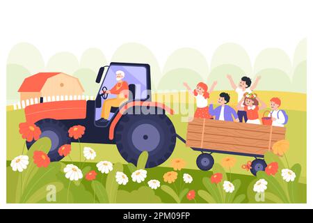 Ein alter Bauer, der Traktor fährt, mit Kindern im Anhänger Stock Vektor