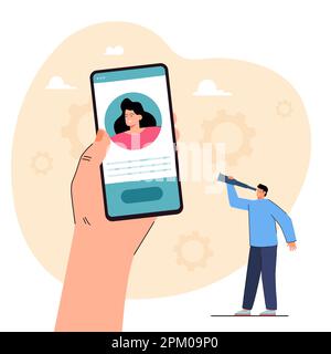 Ein Mann sieht sich das soziale Profil von Frauen auf dem Telefonbildschirm an Stock Vektor