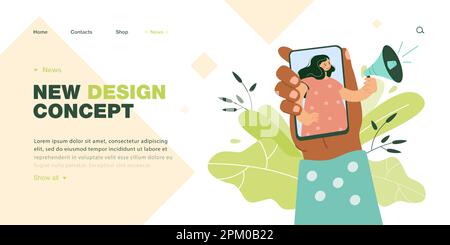 Die Hand einer Frau, die das Telefon hält, mit einem Mädchen mit Lautsprecher auf dem Bildschirm Stock Vektor