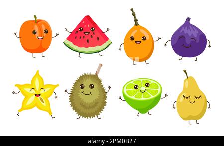 Süße Cartoon-Früchte mit lustigen Gesichtern Cartoon-Zeichnungsset Stock Vektor
