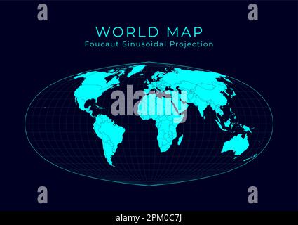 Karte der Welt. Sinusprojektion nach Foucaults. Futuristische Infografik-Weltillustration. Helle Cyan-Farben auf dunklem Hintergrund. Stock Vektor