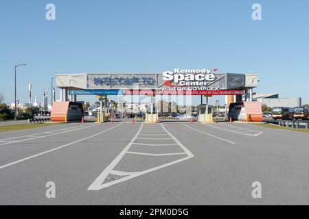 Der Eingang zum Kennedy Space Center Visitor Complex in Merritt Island, Florida, USA Stockfoto