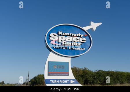 Kennedy Space Center Visitor Complex-Schild in Merritt Island, Florida, USA Stockfoto