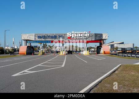 Der Eingang zum Kennedy Space Center Visitor Complex in Merritt Island, Florida, USA Stockfoto