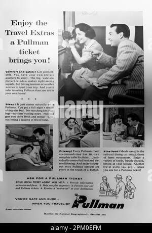 „Travel by Pullman“-Werbespot in einer Zeitschrift von NatGeo, September 1957 Stockfoto