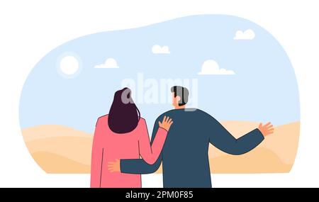 Rückansicht eines Cartoon-Paares mit Blick auf die Wüstenlandschaft Stock Vektor