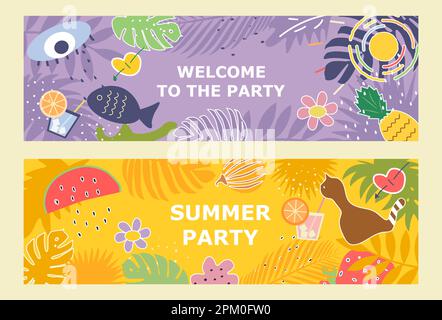 Set von Vektorbannern für eine Sommerparty am Strand mit Obst und Cocktails. Poster für Sommerparty in flachem Stil. Vektor Stock Vektor