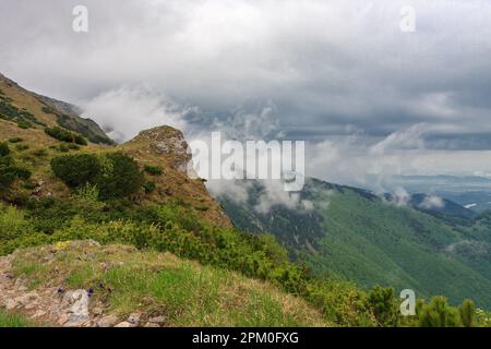 Bergpass Bublen, Pfad zum Maly Krivan, Nationalpark Mala Fatra, Slowakei, im Frühling bewölkt Stockfoto