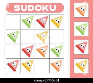 Sudoku 4x4-Spiel für Kinder mit geschnittenen bunten Äpfeln. Spielzettel für Kinder mit Obst. Kinderrätsel, logisches Rätsel, pädagogischer RBus für Kinder Stock Vektor