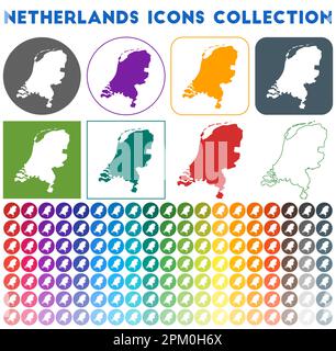 Niederlande Icons Kollektion. Bunte, trendige Kartensymbole. Modernes Niederlande-Abzeichen mit Länderkarte. Vektorabbildung. Stock Vektor