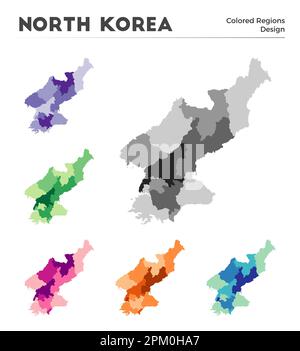 Nordkorea Kartensammlung. Grenzen Nordkoreas für Ihre Infografik. Farbige Länderregionen. Vektordarstellung. Stock Vektor