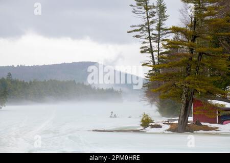 USA VT Vermont Woodford State Park - Adams Reservoir Winter auf dem See in den Green Mountains gefrorener See und Schnee Stockfoto