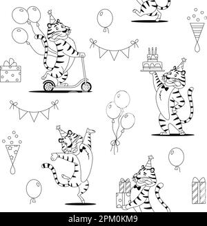 Cartoon Geburtstagstags-Tiger mit nahtlosem Muster. In Schwarz und Weiß gestaltete niedliche Wildkatze als Dekorationsdesign für Kinder. Färben von Seiten Geschenkpapier Textil Stock Vektor