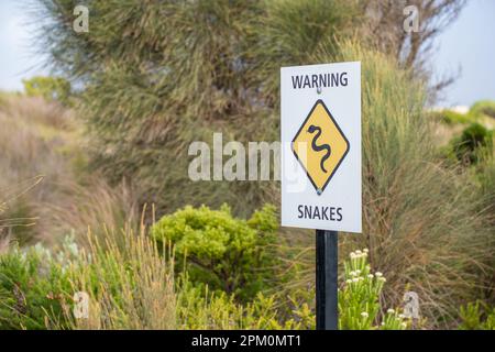 Warnzeichen, die in Australien häufig anzutreffen sind.Australien ist die Heimat von 20 der 25 giftigsten Schlangen der Welt. Stockfoto