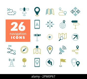 Karten, Standort, Navigationsvektor isolierte Symbole gesetzt. Graph-Symbol für Reise- und Tourismus-Website und Apps Design, Logo, App, UI Stock Vektor