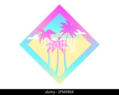 Banner mit Palmen auf einem verlaufenden Hintergrund mit Wolken. Tropische Steigpalmen. Design für den Druck auf T-Shirts, Postern und Werbematerialien Stock Vektor