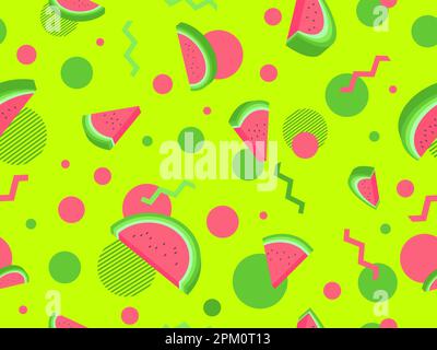 Nahtloses Wassermelonenmuster mit geometrischen Formen. Isometrische 3D Scheiben Wassermelone mit Samen auf grünem Hintergrund. Design für Poster, Tapeten, Stock Vektor