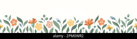 Delicate Chintz Romantic Meadow Wildflowers Vector Horizontal Seamless Border Stock Vektor