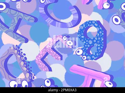 Zeichentrickfilm englische Buchstaben nahtlose Monster mit Augenmuster für Kinderbekleidung und Accessoires, Bettwäsche und Stoffe und Kindergarten-Tex Stockfoto