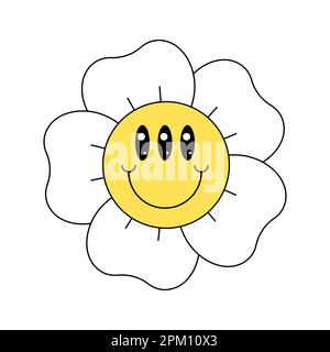 Hippie-Kamille-Smiley-Figur, gute Vibes. Komisches Gänseblümchen-Retro-Maskottchen. Blumenkopf mit verrücktem Gesicht. Psychedelische positive Vintage-Cartoon-Pflanze. Trendiges, grooviges Y2Y-Design mit Pop-Kultur-Blumenmuster Stock Vektor