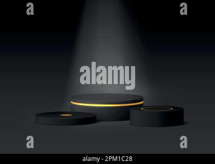 Minimalistische Bühne für Ausstellungsprodukte. 3D realistische schwarze Zylinder auf dunklem Hintergrund. Podium mit goldenem Ring und Scheinwerfern. Modell für die Präsentation kosmetischer Produkte Stock Vektor