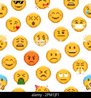 Pixel Emoji nahtloses Muster mit 8-Bit-Videospiel-Emoticons. Vektorhintergrund von Pixel Art gelbes Lächeln Charaktere mit glücklich, traurig, Liebe, wütend Stock Vektor