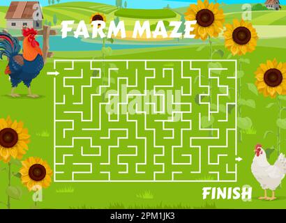 Labyrinth-Labyrinth-Spiel. Hilf dem Hahn, das Huhn auf dem Hof zu finden. Kinder Labyrinth Puzzle, Kinder Labyrinth Vektor Arbeitsblatt oder Quiz mit Hahn und Hühnerfarm po Stock Vektor