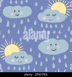Handgezeichnetes nahtloses Muster mit süßen Wolken Sonne auf blauem Hintergrund. Regen Regentropfen lustige Gesichter Augen rosa Wangen, Kinder Kinderzimmer Dekor, Zeichentrickfilm-Zeichnung Babyparty Stockfoto