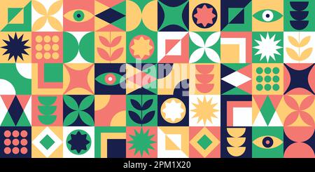 Modernes Neo-geometrisches bauhaus-Design in skandinavischem memphis zeitgenössische editierbare Neo-Geo-abstrakte geometrische Vektorkunst mit nahtlosem Muster aus der Mitte des Jahrhunderts Stock Vektor
