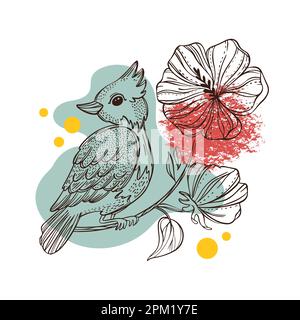 LERK ON FLOWER Hibiscus Collage Sketched Bird Poster Design with Botanical Illustration Geometrische Formen Abstrakte Elemente für Print Wall Art Packagin Stock Vektor