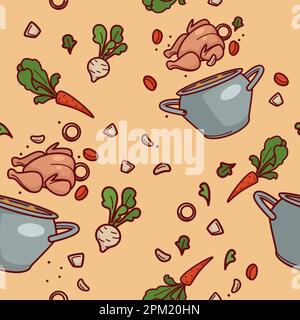 Kochen mit nahtlosem Muster, Huhn und Gemüse Stock Vektor