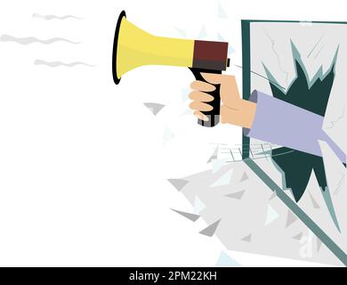 Hand mit Megafon bricht das Fenster isoliert Abbildung. Hand mit Megaphon erscheint aus dem gebrochenen Fenster isoliert auf weißem Stock Vektor