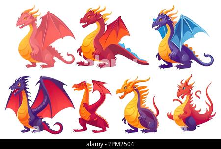 Eine Vektordarstellung bunter magischer Drachen wird auf weißem Hintergrund isoliert Stock Vektor