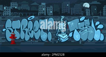 Dark Outdoor Urban Graffiti Wall Mit Nächtlichen Zeichnungen Vor Dem Hintergrund Des Stadtbildes Vector Illustration Art Stock Vektor