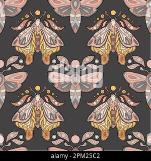 Ein mystisches, nahtloses Vektormuster mit farbenfrohen konturmothes mit Mond und Blättern auf dunklem Hintergrund. Textur mit farbigen Schmetterlingen. Stock Vektor
