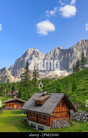 Holzhäuser in Brandalm, hinten am hohen Dachstein, Dachstein, Salzburg, Österreich Stockfoto