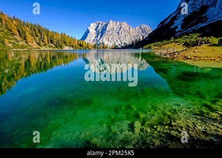 Seebensee, Zugspitze und Wetterstein im Hintergrund, Mieminger, Ehrwald, Tirol, Österreich, Herbst Stockfoto