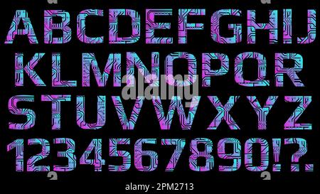 Satz mit futuristischem lateinischen Alphabet, perforiert mit Leiterplattenbahnen auf schwarz isoliert. Farbige Großbuchstaben für die moderne digitale Welt. Vektor Stock Vektor