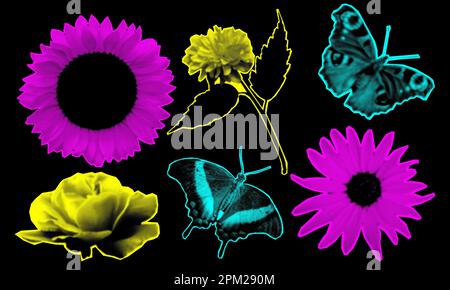 Collage-Designelemente im trendigen Pop-Art-Stil mit Punktmuster. Retro-Halbtoneffekt. Rose, Blume, Schmetterling. Vektordarstellung mit klassischem Grunge Punk c Stock Vektor