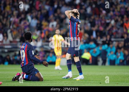 Barcelona, Spanien. 10. April 2023. Lewandowski im Spotify Camp Nou Stadium in Barcelona, Spanien, während des LaLiga-Spiels zwischen dem FC Barcelona und dem FC Girona in Aktion. Kredit: Christian Bertrand/Alamy Live News Stockfoto