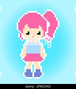 8 Bit kleine Mädchen Pixel Zeichen. Cartoon-Frauen in Vektorbildern. Stock Vektor