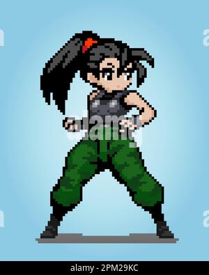 8-Bit-Pixel-Frauencharakter. Frauen-Anime-Armee in Vektorgrafiken für Spielelemente oder Kreuzstich-Muster. Stock Vektor