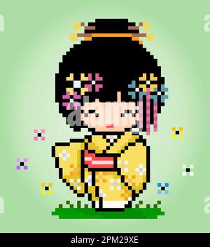 8 Bit Pixel Character Frauen tragen ein Kimono-Kleid. Pixel für Erwachsene Mädchen in Vektorgrafiken für Spielelemente oder Kreuzstich-Muster. Stock Vektor