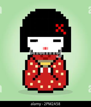 8 Bit Pixel Character Frauen tragen ein Kimono-Kleid. Geisha-Pixel in Vektorbildern für Spielelemente oder Kreuzstickerungsmuster. Stock Vektor