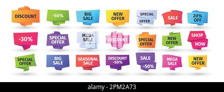 Banner für Papierverkäufe. Aufkleberdrucke für Preisetiketten, abstrakter Etikettensatz für Rabatte und Konzept der besten Angebotsbotschaft. Geometrische Vektorsammlung. Horizontale farbenfrohe Bänder für Geschäft oder Geschäft Stock Vektor