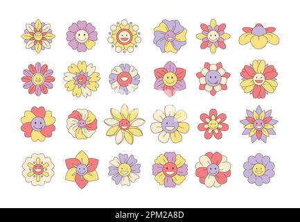 Groovy Cartoon-Blumen. Lustige Hippie-Line-Ikonen mit lächelndem Gesicht und Lachen, Hippie-Blumen-Charaktere mit fröhlichen Emotionen. Farbenfrohes Vektor-Set. Schöne Vintage-Blüten mit positivem Gesichtsausdruck Stock Vektor