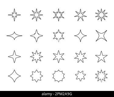 Stars-Liniensymbole. Umreißen Sie fliegende, glänzende Glanzlichter, verschiedene Arten von Fantasy-Himmel und Galaxy-Asterismus. Lineare Sternsymbol-Sammlung für Vektoren. Leuchtende oder blinkende Lichter, flache Blitze Stock Vektor